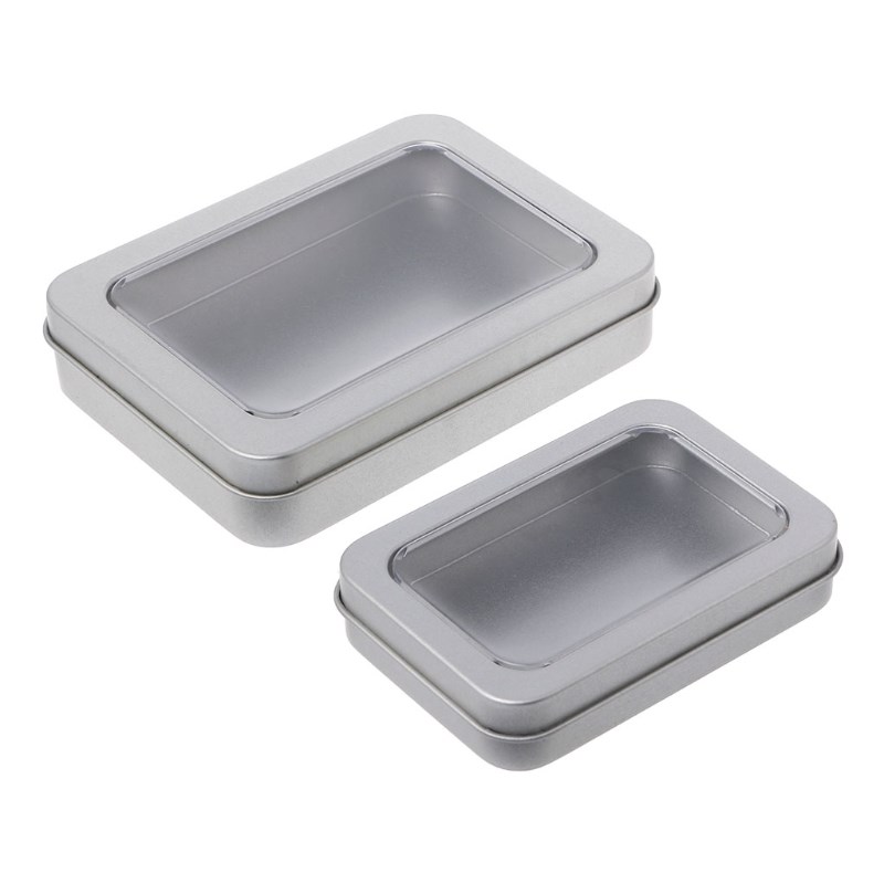 Clear Window Top Metal Tin Can Box Silver Blank Storage Case