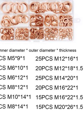 300PCS/BOX Copper Washer Gasket Nut Bolt Set M5-M20 Flat Rin