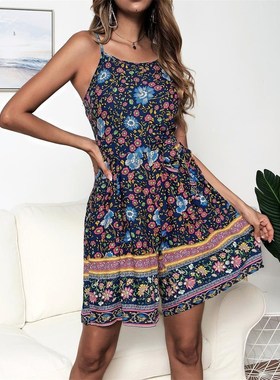 Summer New Vintage Floral Print Sashes Jumpsuits Sleeveless