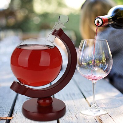 Whiskey Decanter Globe Wine Glass Set Sailboat Skull Inside