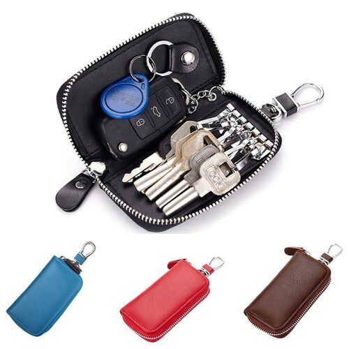 Car Key Holder Wallets PU Leather Keychain Covers Zipper Key