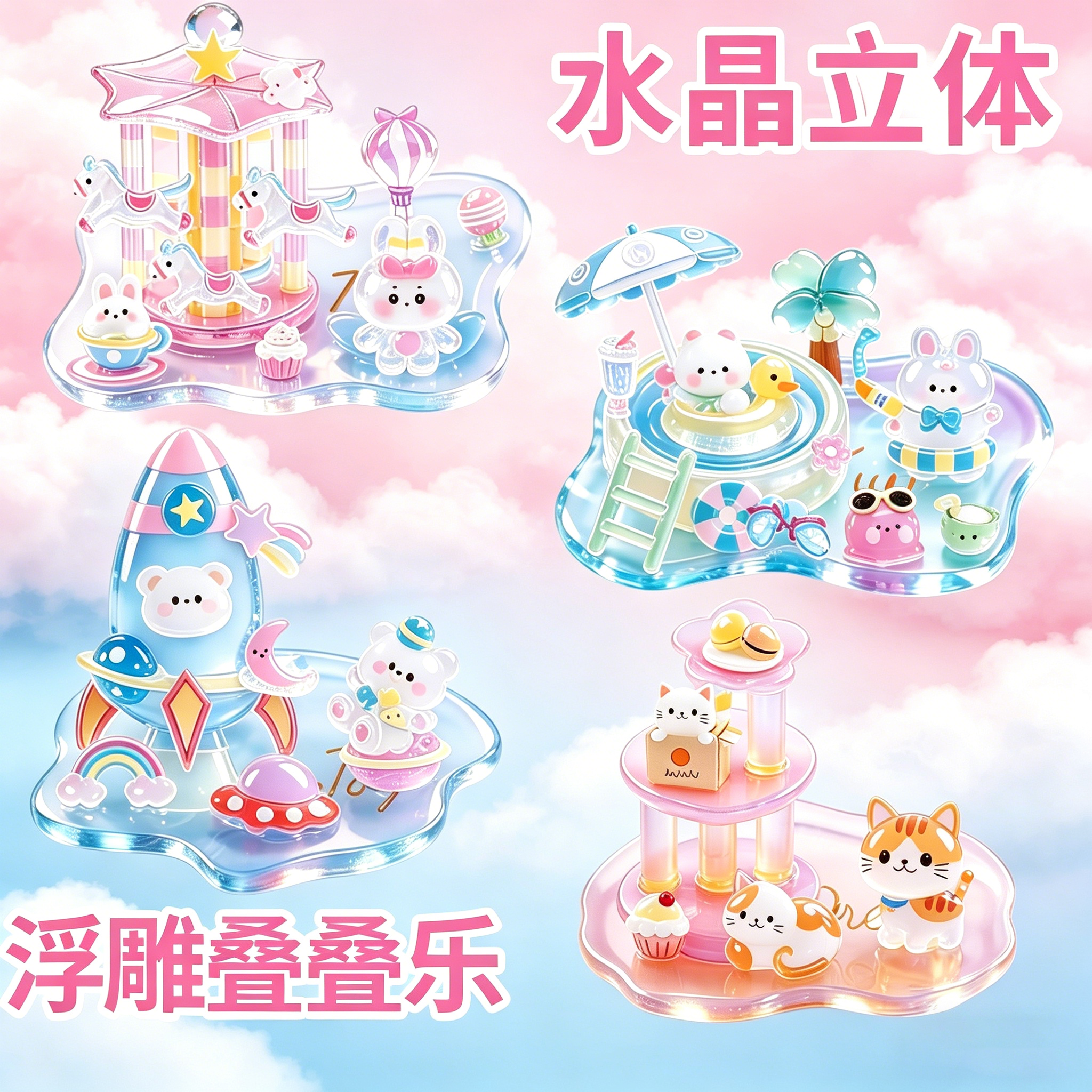 叠叠乐贴纸3D立体浮雕贴纸幼儿园萌物互动装饰儿童手工DIY自制小摆件安全无毒卡通动物日系创意可爱透明贴纸