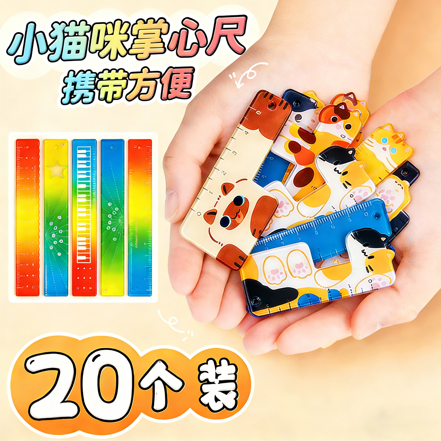 迷你尺子小学生专用一二三年级幼儿园多功能直尺猫咪掌心尺称心如意便携无毒多功能高颜值彩虹色短5cm多形状H