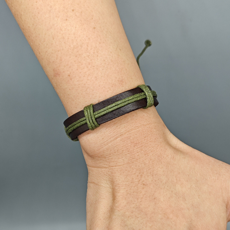 欧美网红撞色手链设计复古牛皮抽绳简约编织真皮手绳可调一件代发