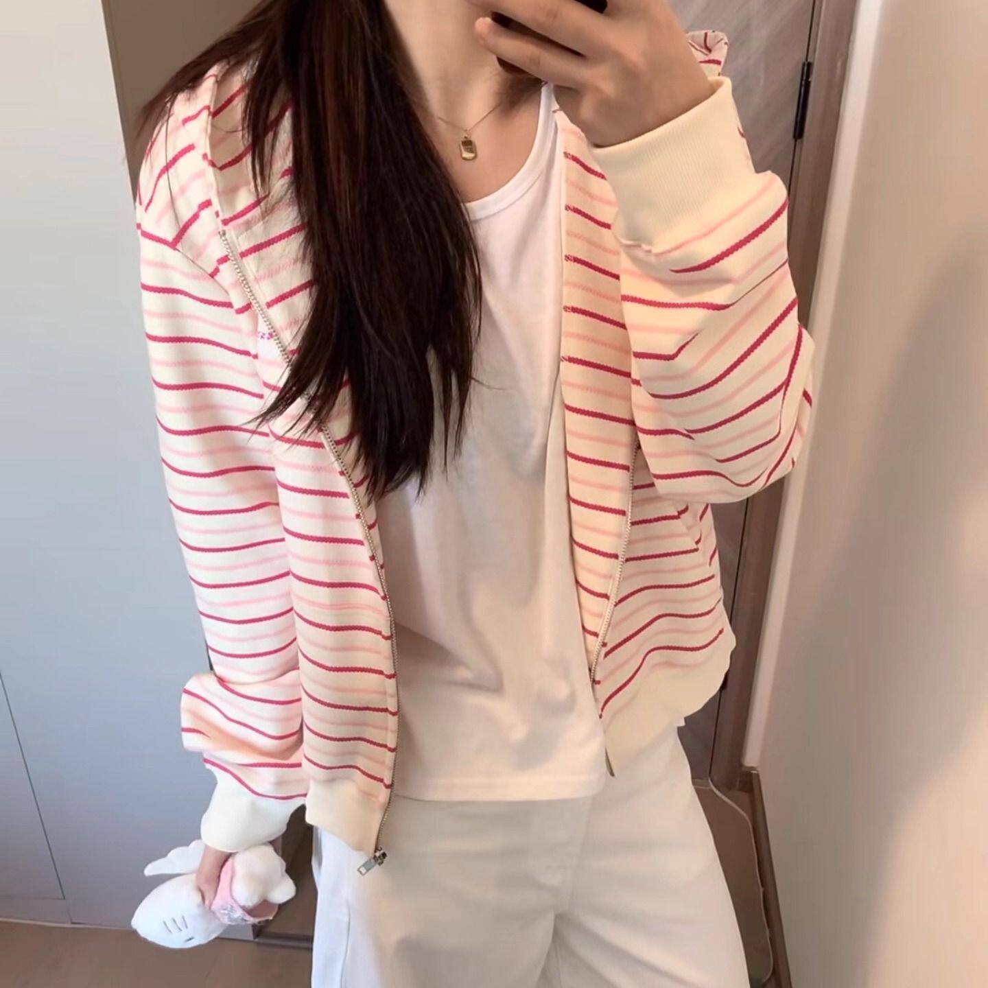 韩系早秋甜美学院风粉红色连帽卫衣女新款宽松慵懒风薄款上衣外套