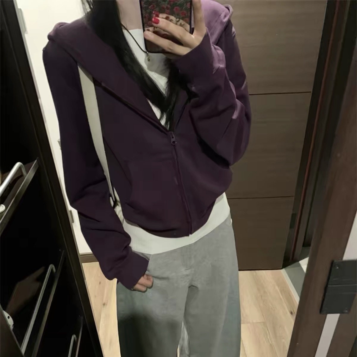 美式拼接紫色连帽开衫拉链卫衣女秋季宽松显瘦设计感百搭薄款外套
