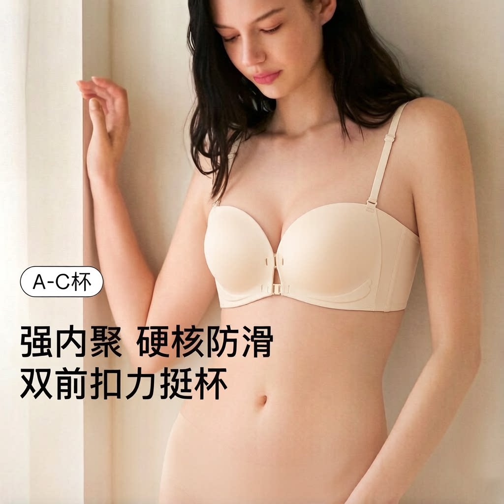 粉底液前扣抹胸无肩带内衣女小胸聚拢防滑裹胸无痕隐形美背文胸罩
