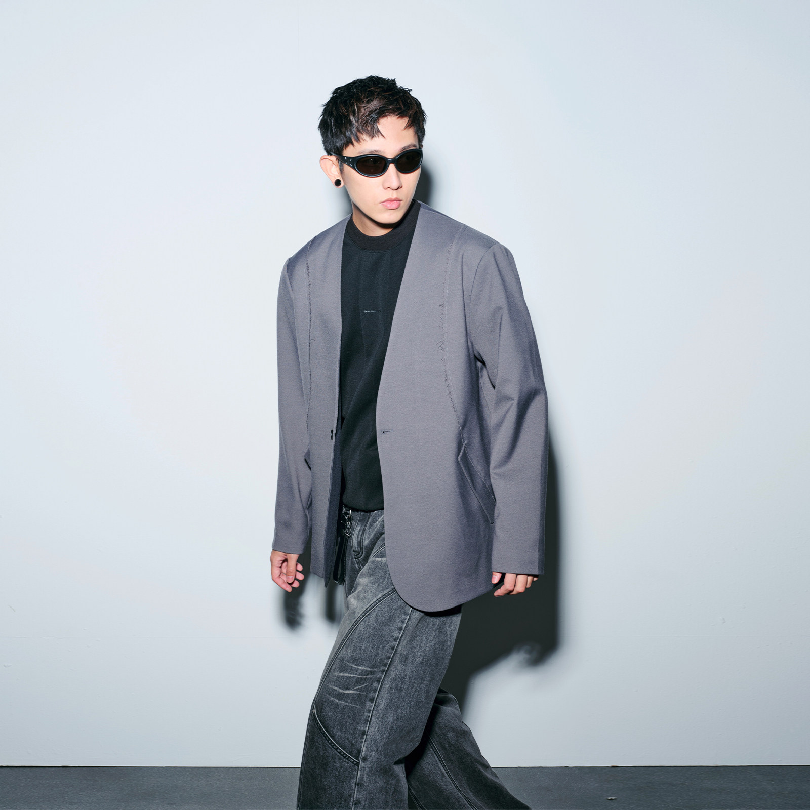 Costful Ro灰蓝色复古斜纹羊毛西服新款宽松无领休闲西装外套男