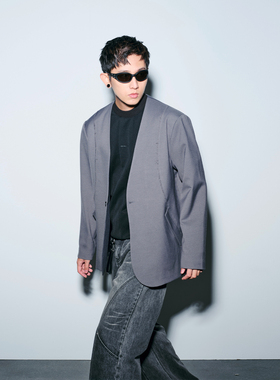 Costful Ro灰蓝色复古斜纹羊毛西服新款宽松无领休闲西装外套男