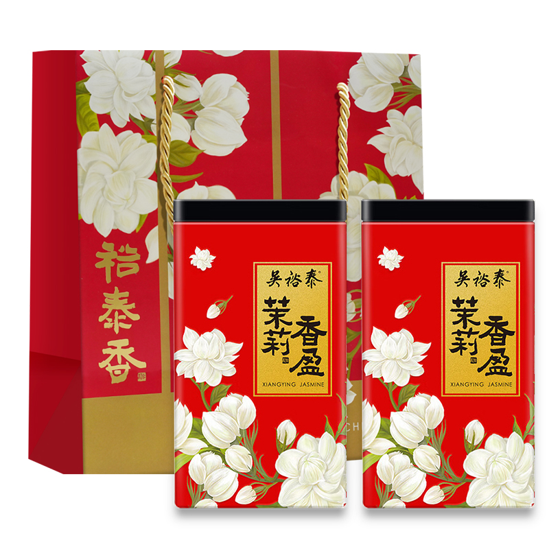 吴裕泰茉莉花茶 茉莉香盈180g*2罐 套装送礼品袋 6窨茶叶优惠推荐