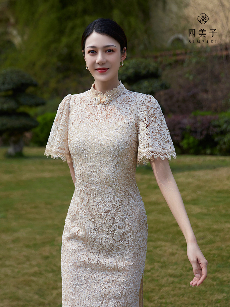 White cheongsam, lace spring summer dress, Chinese style