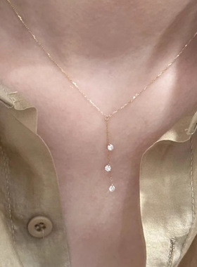 时尚超闪锆石星星的眼泪 925银三钻流苏项链仙女风颈链锁骨链