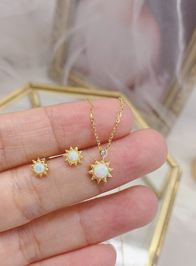 日本轻奢银s925电镀18k金色 人造 欧泊 太阳 阳光 花项链 耳钉