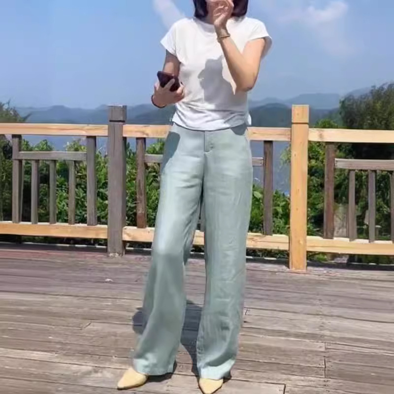 英国moleubak夏季新款静版短袖t恤高腰阔腿直筒裤清新显瘦