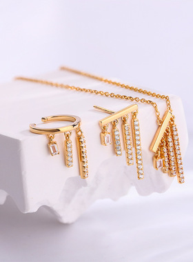 日系轻奢水晶吊灯钻石流苏镶钻方钻套装 s925银镀18K金项链锁骨