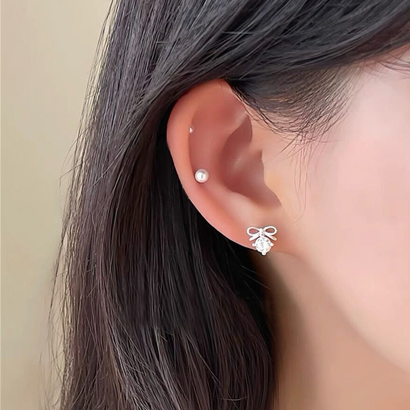 日系设计师topwhits925银甜美蝴蝶结锆石耳钉女简约气质耳环ins