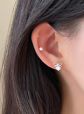 日系设计师topwhits925银甜美蝴蝶结锆石耳钉女简约气质耳环ins