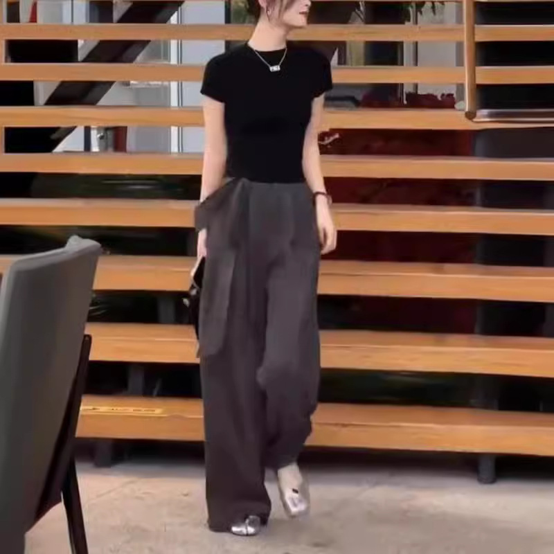英国moleubak夏季新款黑色简约修身t恤拖地阔腿长裤洋气女