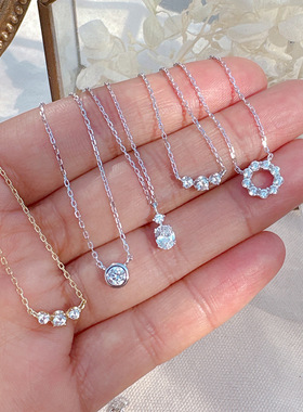 日系轻奢超闪镶钻莫桑钻 几何形椭圆花朵联排银镀10K金项链锁骨