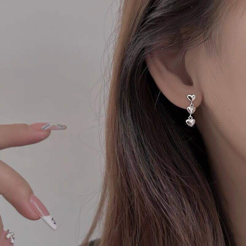 日系设计师topwhits925银简约爱心耳钉女甜美少女感三颗爱心耳饰