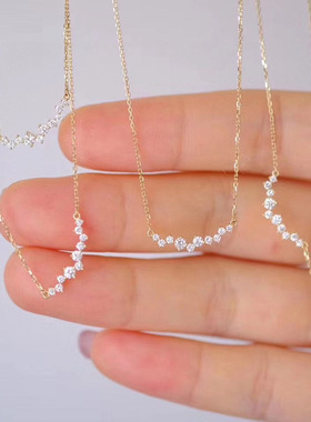 日系轻奢清新s925电镀14k金 锆石满钻微笑项链 横条镶钻锁骨链