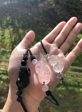 彩眼黑曜石情侣貔貅项链粉晶貔貅