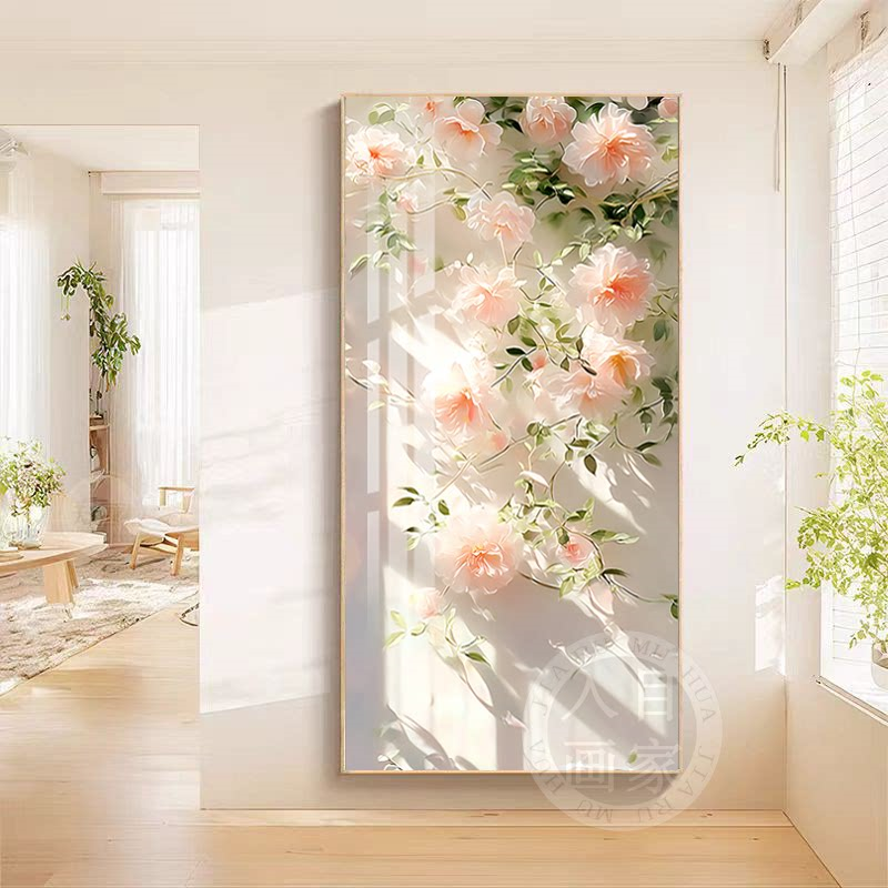 奶油风花卉玄关装饰画走廊过道入户正对门北欧原木风玫瑰花挂画