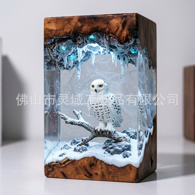 雪鸮冰雪森林景观树脂工艺品发光