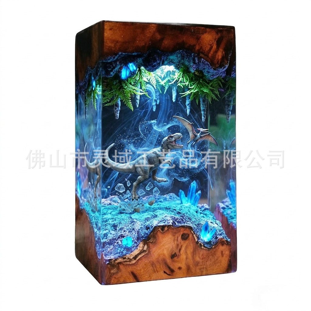 新款 侏罗纪恐龙对决冰洞环氧夜灯发光蓝水晶微景观树脂灯桌面摆