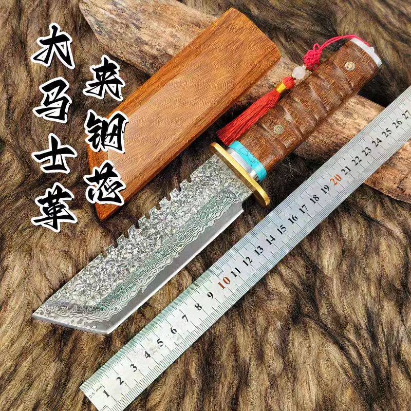 大马士革钢户外小刀锋利防身冷兵器特殊用途刀木柄野外求生