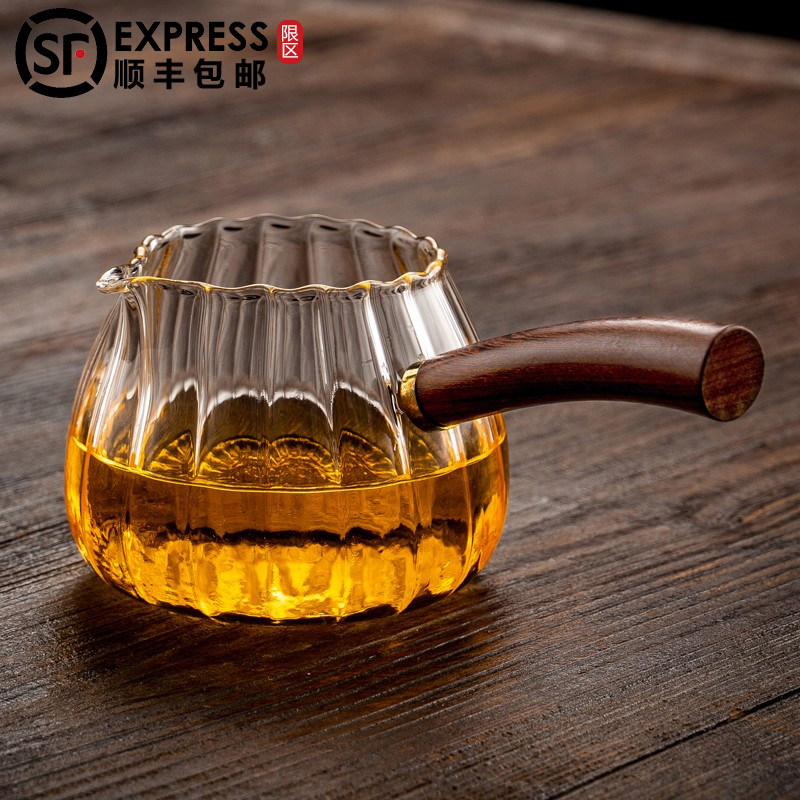 侧把公道杯玻璃高档耐热茶道公杯功夫茶具配件泡茶分茶器茶漏套装