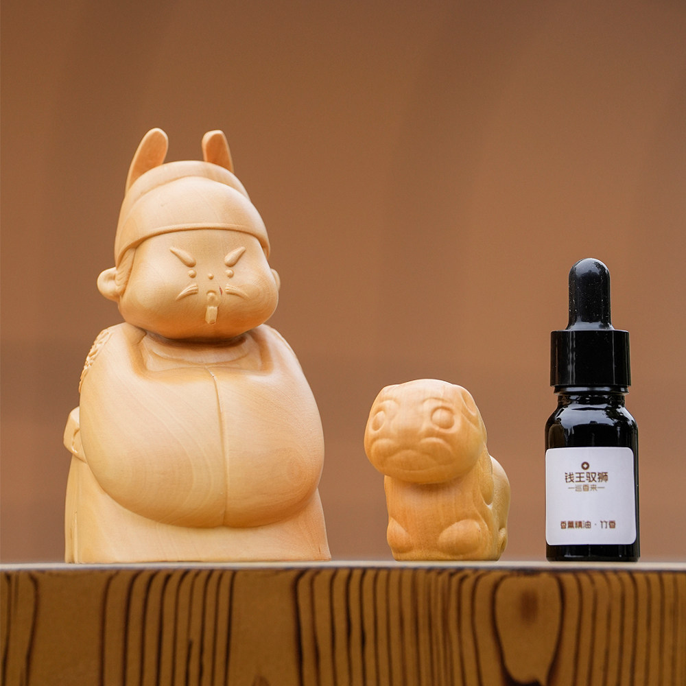 钱王驭狮可爱卡通动物木质精油香薰香器摆件家居装饰品桌面工艺品