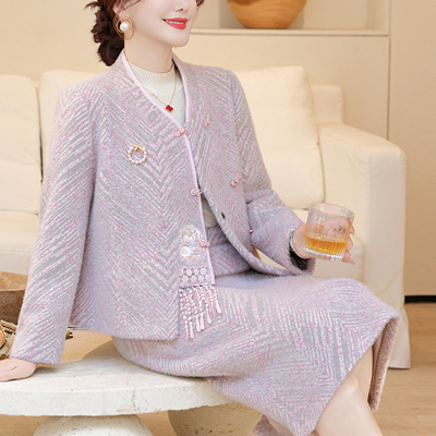 罗蒙新中式妈妈秋装套装2025国风毛呢中老年时尚女装秋洋气呢子W