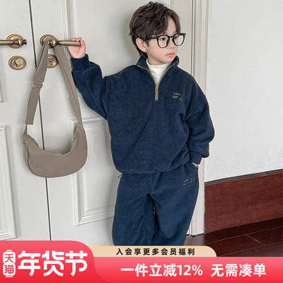男童套装2025冬装新款儿童秋冬款加厚一体绒衣服男孩冬季运动上衣