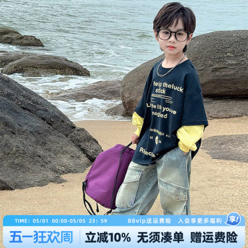 男童T恤春秋款2026新款儿童春装假两件长袖打底衫男孩春季上衣潮