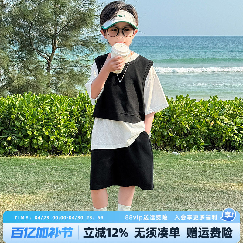 男童套装2026夏装新款儿童中大童短袖男孩薄款运动三件套潮