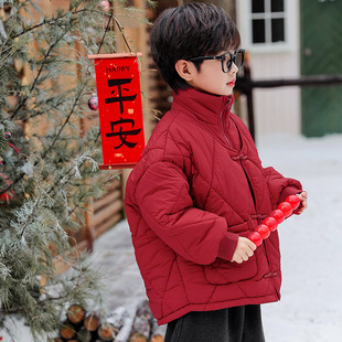 红色喜庆新年装 男童冬装 加厚棉服男孩冬季 儿童秋冬款 外套2025新款