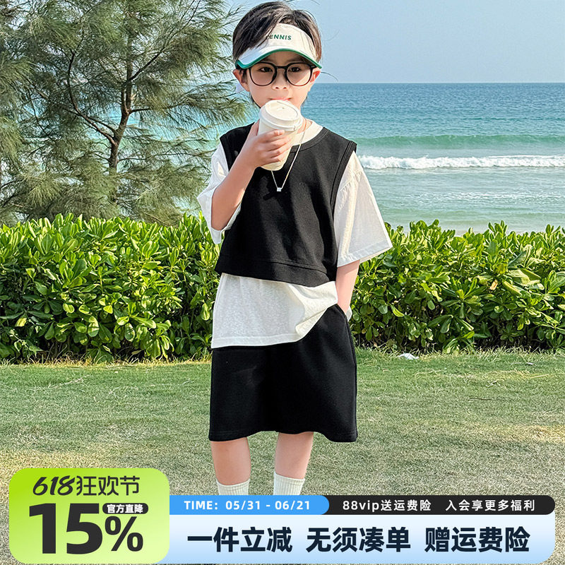 男童套装2026夏装新款儿童中大童短袖男孩薄款运动三件套潮