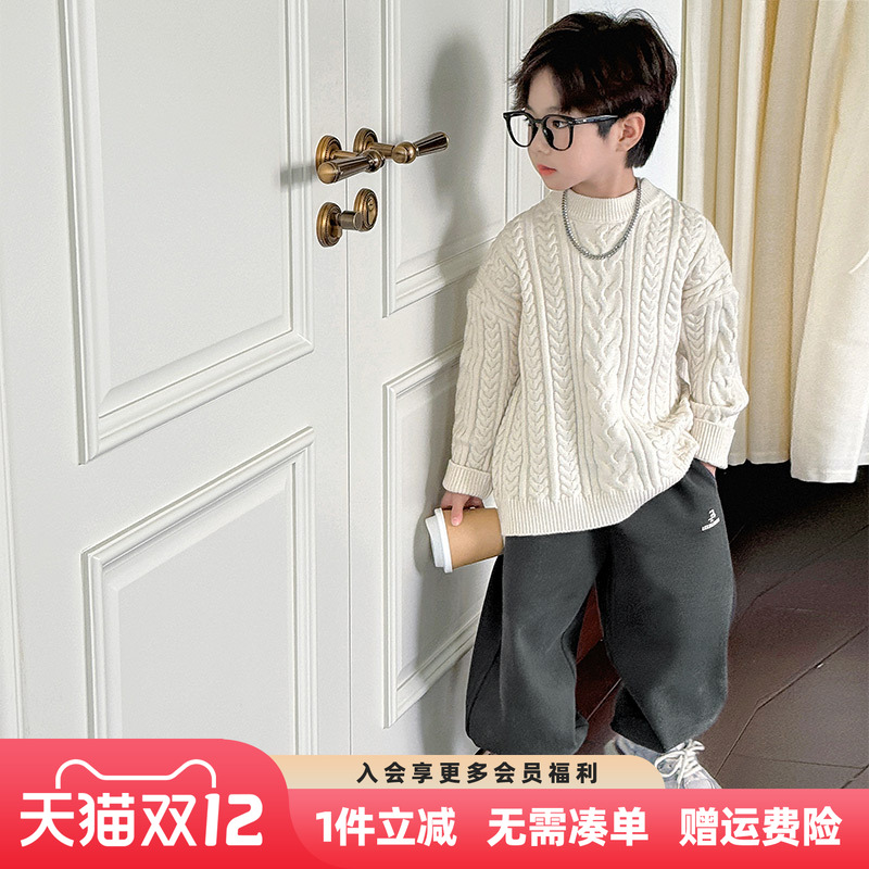 男童毛衣秋冬款2025新款儿童冬装打底衫男孩冬季加厚红色针织衫潮