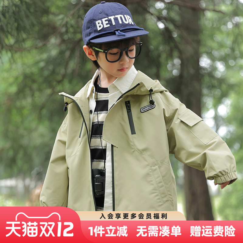 男童冲锋衣外套2025秋装新款儿童中大童男孩春秋款连帽防风上衣