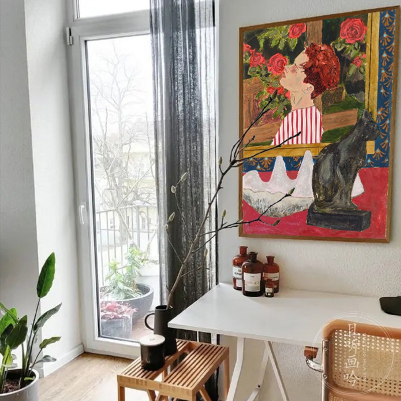 北欧装饰画玫瑰下男孩油画人物花卉个性创意餐厅卧室挂画简约壁画图片
