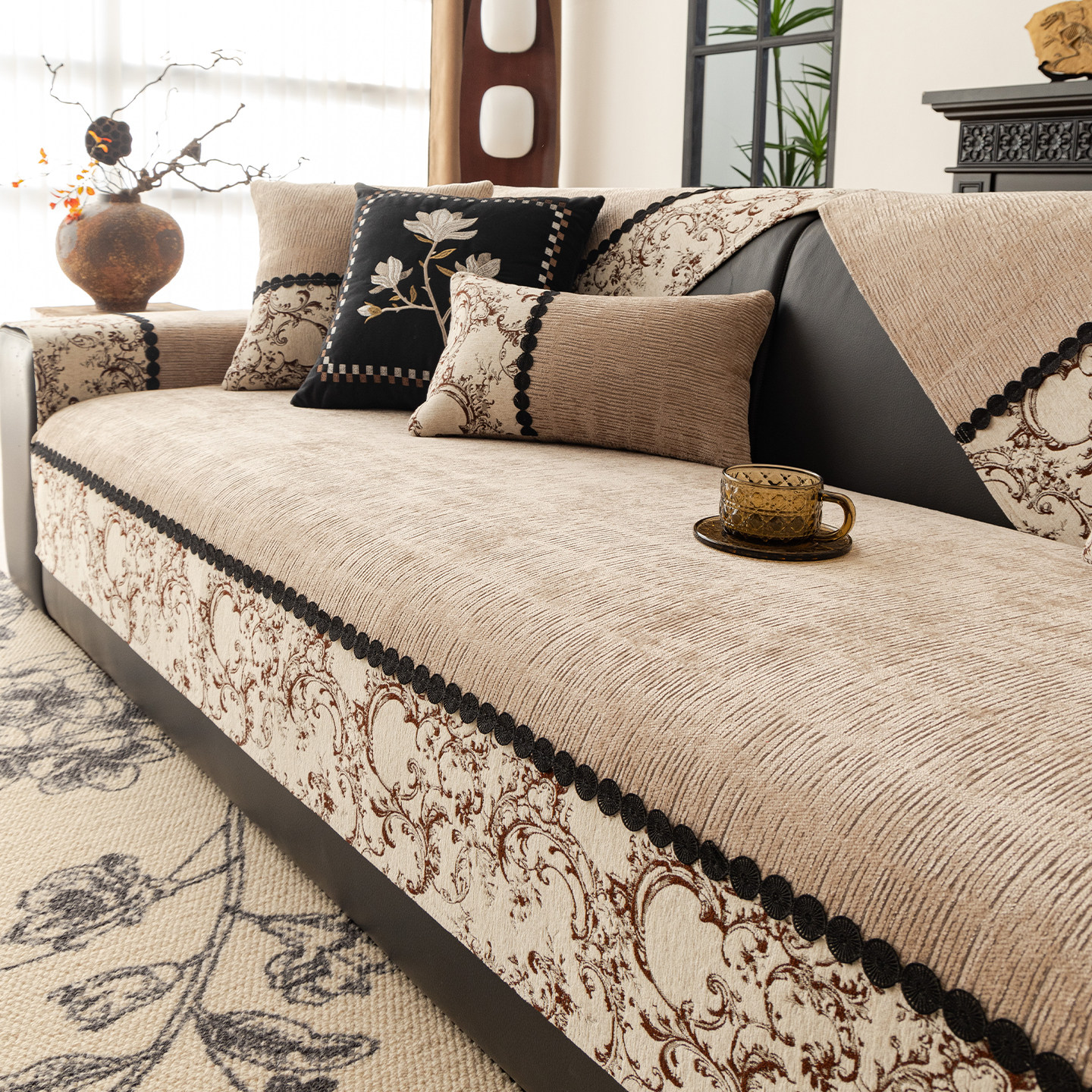 2025新款雪尼尔四季通用中古风高级感沙发垫固定防滑沙发套罩盖布,居家布艺,沙发垫,淘宝优惠券,粉丝福利购,淘宝优惠卷