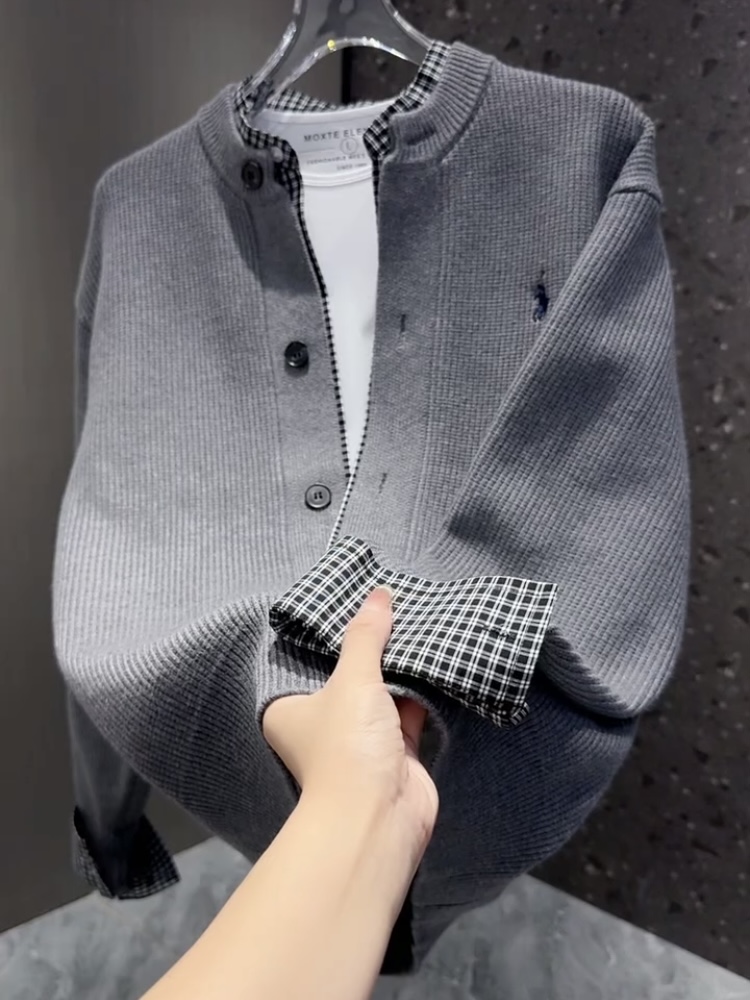 男士冬季立领针织假两件开衫2025