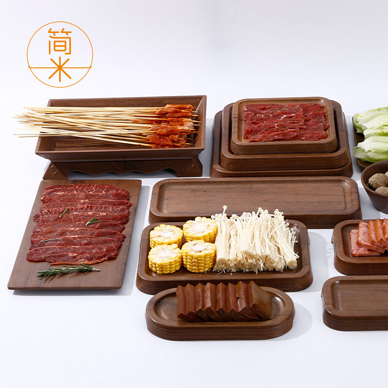 简米密胺餐具火锅盘子商用长方盘自助餐盘烧烤配菜盘寿司木纹托盘