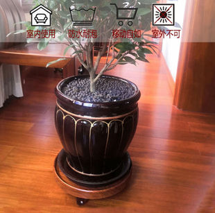 园艺方圆形仿实木质移动花盆托盘底座带万向轮接水盘滑轮底盘滚轮