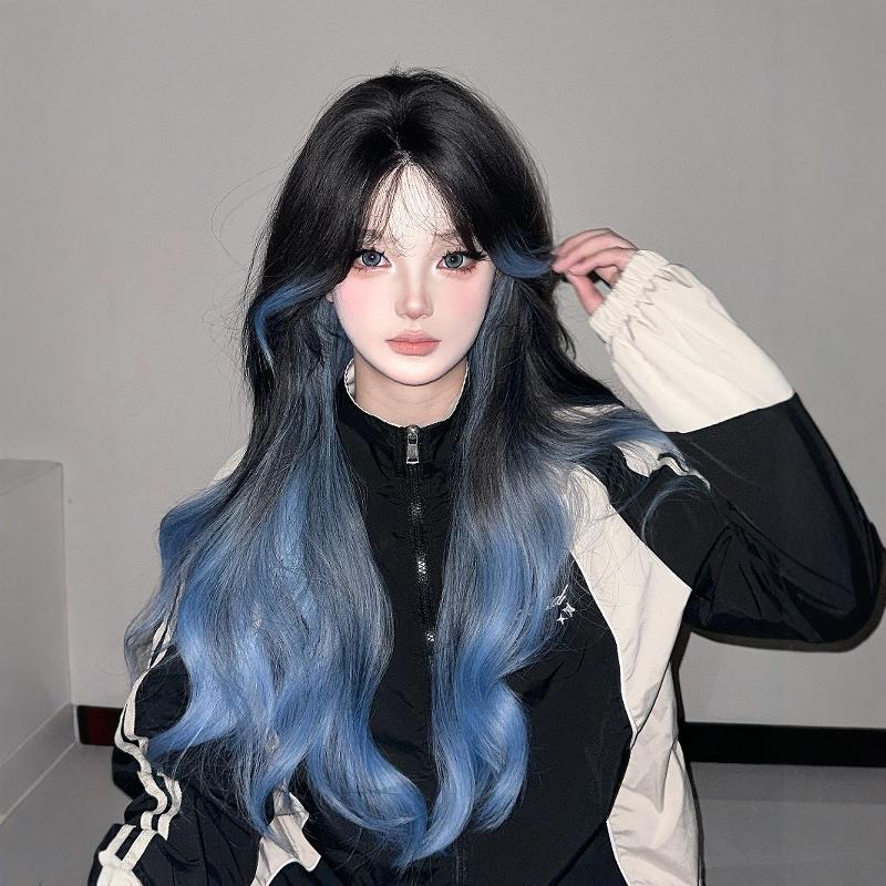 假发全头套女蓝色挑染渐变长卷发