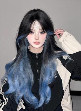 蓝色假发前额蕾丝中分刘海蓝色挑染渐变长卷发巴黎画染假发全头套