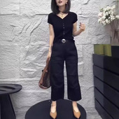 显瘦v领单排扣上衣休闲直筒裤 日本cherry 修身 新款 女 kitty夏季