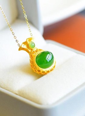 日系Cherry Kitty复古新中式碧绿钱袋子吊坠项链女精致高级感颈