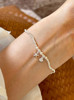 日系cherry kitty925银海星贝壳珍珠碎银子手链女手工弹力绳款